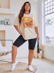 Flirla Camiseta de manga caída con estampa de mariposa y letra para tallas grandes para el verano - Albaricoque - Ver 4