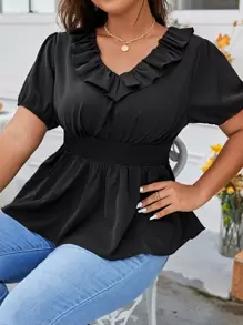 SHEIN Unity Plus Ruffle Trim Puff Sleeve Shirred Peplum Blouse - Black - View 1