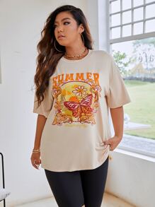 Flirla Camiseta de manga caída con estampa de mariposa y letra para tallas grandes para el verano - Albaricoque - Ver 7