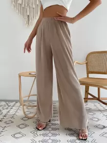 SHEIN LUNE High Waist Solid Wide Leg Trousers - Khaki - View 1