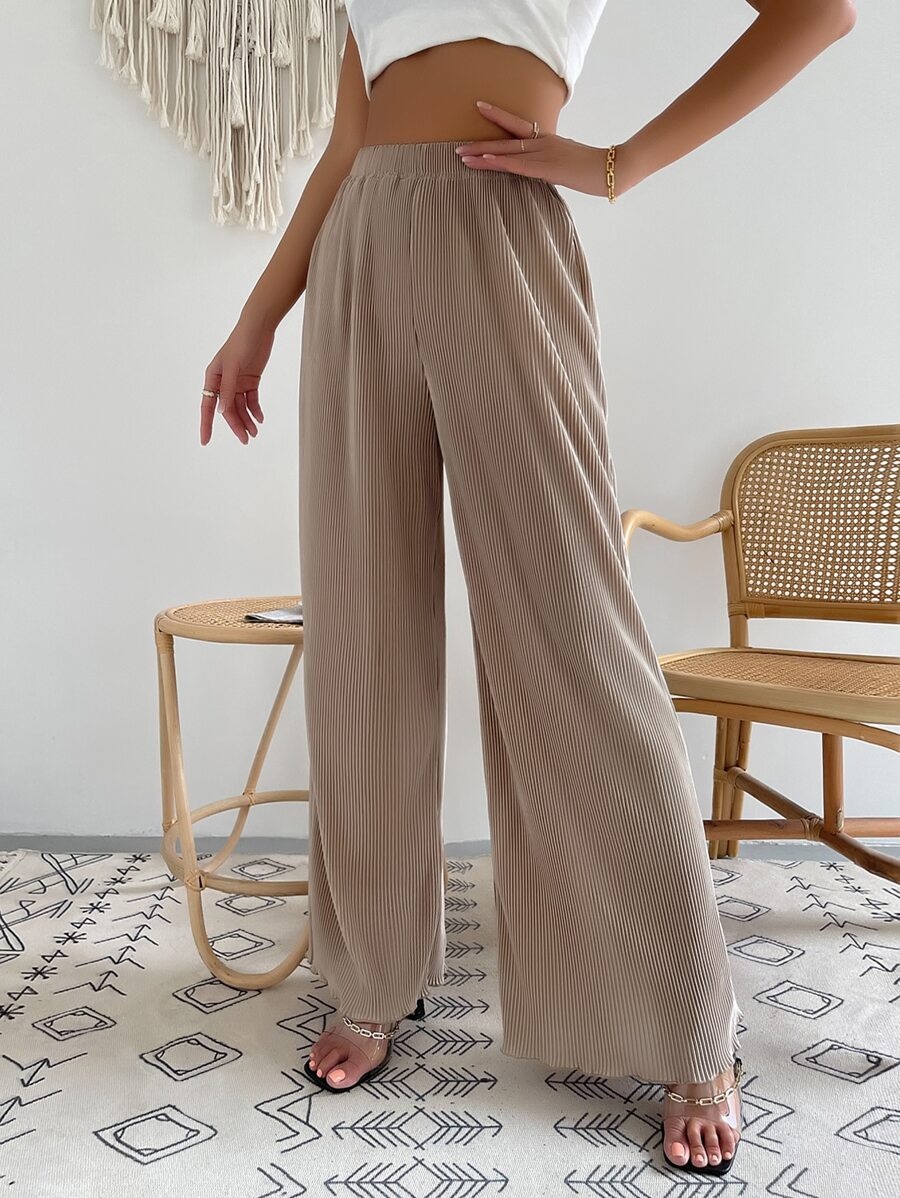 SHEIN LUNE High Waist Solid Wide Leg Trousers - Khaki - View 1