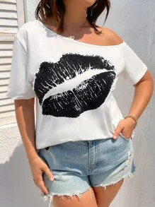 SHEIN LUNE Plus Lip Print Asymmetrical Neck Tee - White - View 3