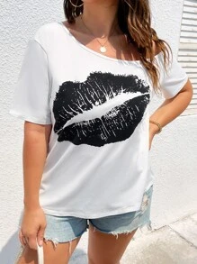 SHEIN LUNE Plus Lip Print Asymmetrical Neck Tee - White - View 4