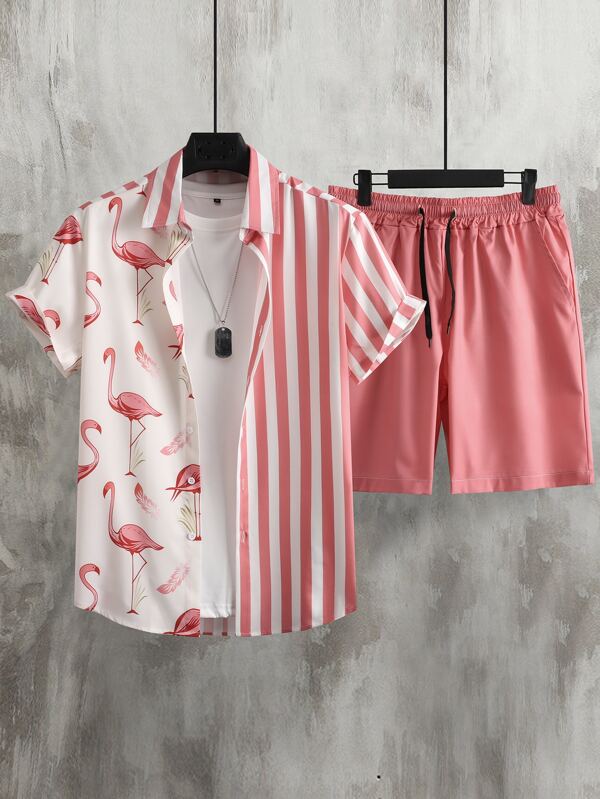 Manfinity RSRT Cămașă cu imprimeu în dungi și flamingo pentru bărbați și pantaloni scurți cu șnur fără tricou