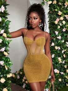 Slaydiva Mesh Insert Bustier Glitter Bodycon Dress - Gold - View 5