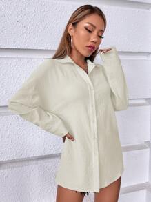 SHEIN VCAY Camisa unicolor de hombros caídos - Beis - Ver 3