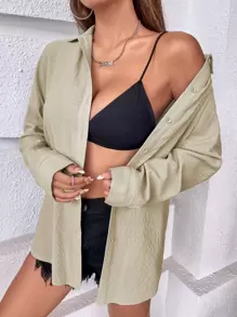 SHEIN VCAY Solid Drop Shoulder Shirt - Khaki - View 1