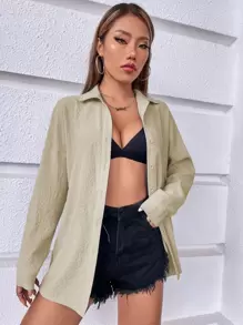 SHEIN VCAY Solid Drop Shoulder Shirt - Khaki - View 4
