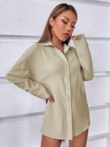 SHEIN VCAY Solid Drop Shoulder Shirt - Khaki - View 5