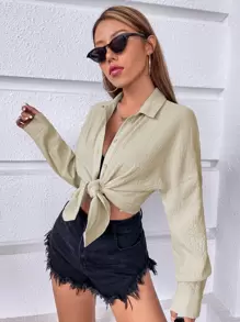 SHEIN VCAY Solid Drop Shoulder Shirt - Khaki - View 6