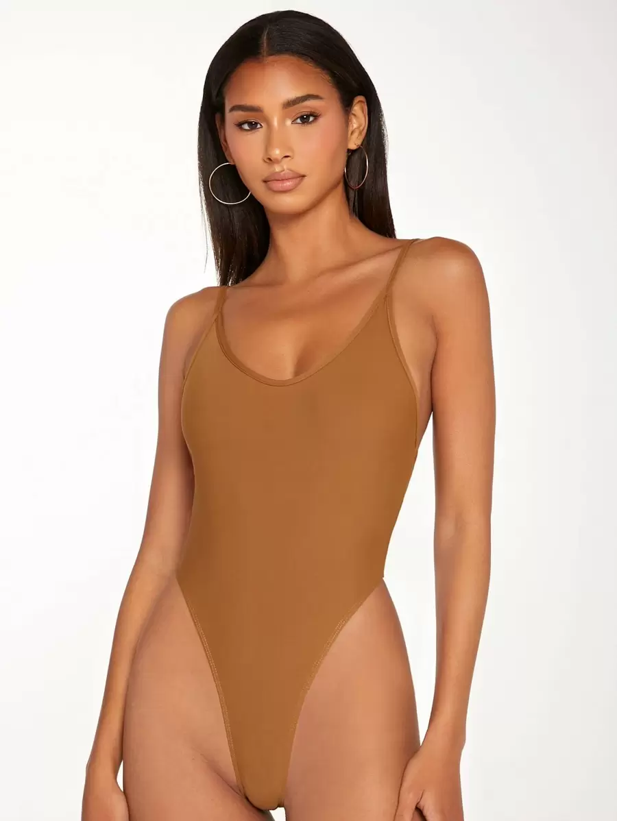 SHEIN BASICS Áo liền quần ôm nữ Lộ Lưng màu trơn Gợi cảm - màu nâu - Xem 1