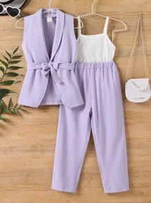 小女童青果領腰帶馬甲西裝外套和吊帶上衣和褲子 - 彩色 - 查看 7