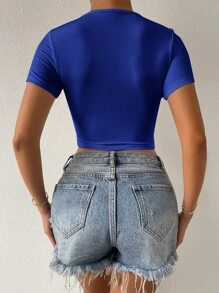 SHEIN BAE Áo thun nữ Hội Chữ thập màu trơn Giải trí - Xanh đậm - Xem 2