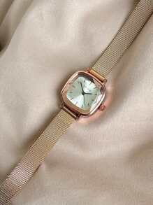 1pc Women's Minimalist Bar Scale Dial Fashion Mesh Strap Quartz Watch, Suitable For Daily Matching, Birthday, Gift For Her, Anniversary, Year-End Promotion, Singles' Day, Halloween Promotion, No Gift Box - Rose Gold - View 3