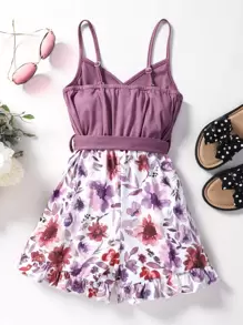 Tween Girl Floral Print Ruffle Trim Belted Cami Romper