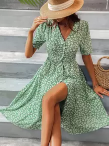 Allover Floral Print Button Through Dress - Green - View 1