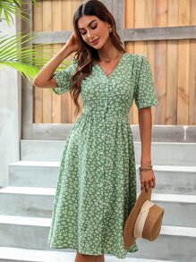 Allover Floral Print Button Through Dress - Green - View 4