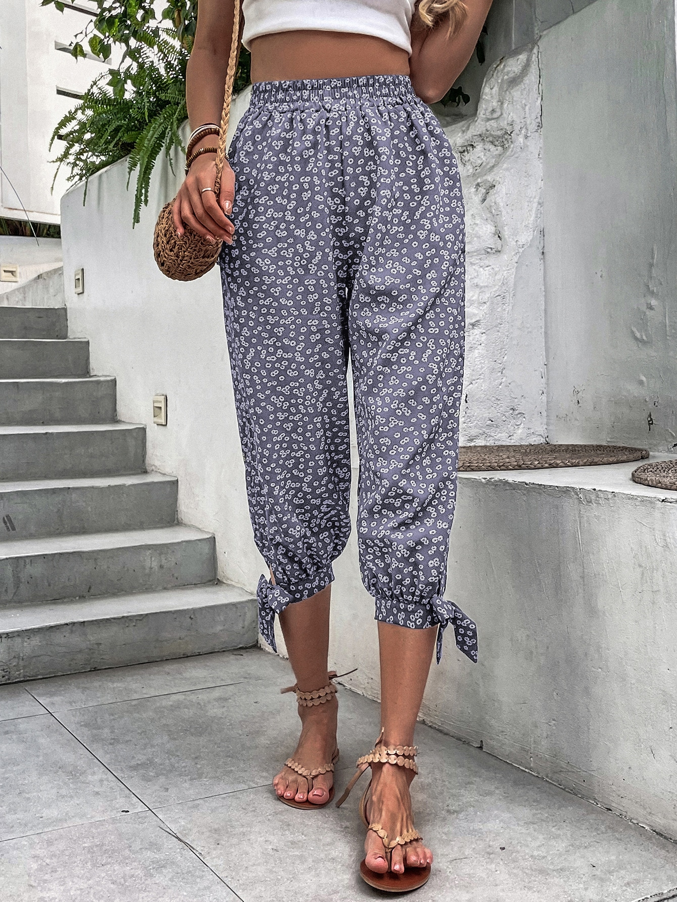 Ditsy Floral Print Knot Hem Pants SHEIN USA