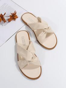 女士扭結裝飾露趾涼拖,時尚淺褐色的素色極簡戶外平底涼鞋 - 米色 - 查看 4