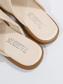 女士扭結裝飾露趾涼拖,時尚淺褐色的素色極簡戶外平底涼鞋 - 米色 - 查看 6