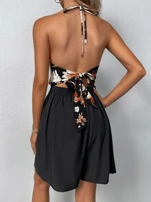 SHEIN Unity Floral Print Guipure Lace Insert Tie Backless Halter Romper - Black - View 2