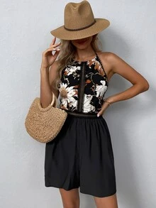 SHEIN Unity Floral Print Guipure Lace Insert Tie Backless Halter Romper - Black - View 3