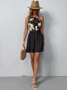 SHEIN Unity Floral Print Guipure Lace Insert Tie Backless Halter Romper - Black - View 5