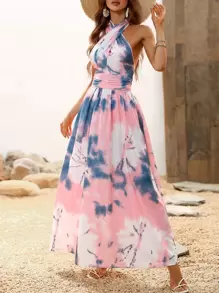 Breezaya Tie Dye Backless Shirred Halter Dress Maxi Vacation Beach Outfits Women - Multicolor - View 1