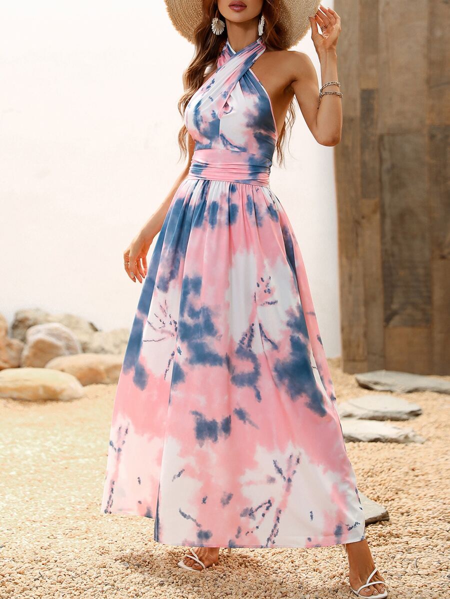 Breezaya Tie Dye Backless Shirred Halter Dress Maxi Vacation Beach Outfits Women - Multicolor - View 1