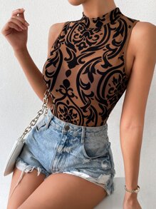 Rafferiza Baroque Print Mock Neck Bodysuit Without Lingerie Set - Multicolor - View 6