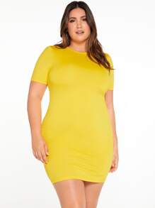 SHEIN Vestido ajustado amarillo flúor de cuello redondo unicolor - Amarillo - Ver 1