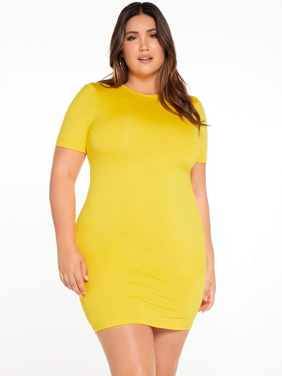 SHEIN Vestido ajustado amarillo flúor de cuello redondo unicolor - Amarillo - Ver 1