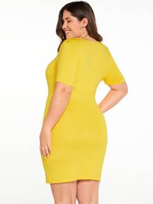 SHEIN Vestido ajustado amarillo flúor de cuello redondo unicolor - Amarillo - Ver 2