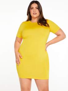 SHEIN Vestido ajustado amarillo flúor de cuello redondo unicolor - Amarillo - Ver 3