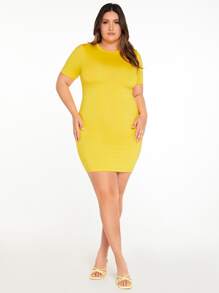 SHEIN Vestido ajustado amarillo flúor de cuello redondo unicolor - Amarillo - Ver 5