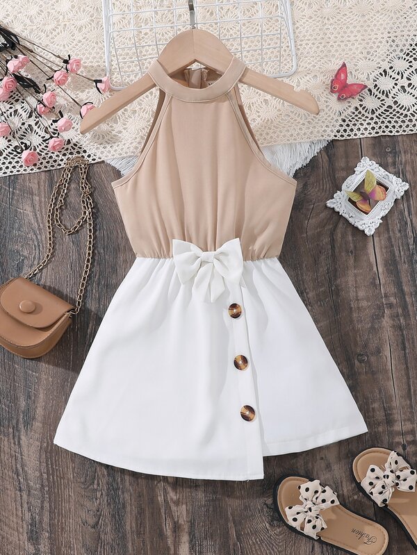 SHEIN Young Girl Colorblock Bow Front Skort Romper