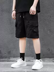 Manfinity Hypemode Loose Fit Men's Shorts With Flap Pockets And Drawstring Waist - Black - View 4