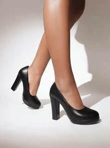 Minimalist Platform Chunky Heeled Court Pumps - Black - View 1
