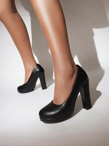 Minimalist Platform Chunky Heeled Court Pumps - Black - View 2