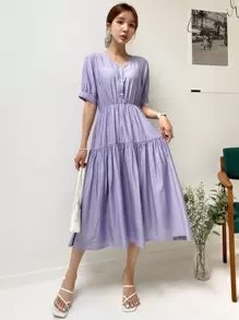 DAZY 素色前紐扣荷葉邊連衣裙 - 紫色 - 查看 1