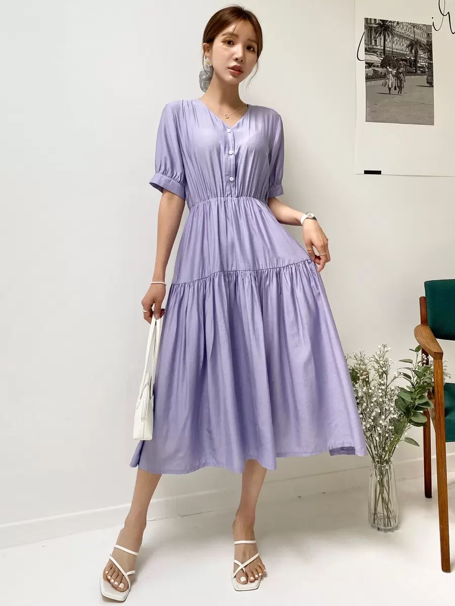 DAZY 素色前紐扣荷葉邊連衣裙 - 紫色 - 查看 1