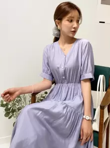 DAZY 素色前紐扣荷葉邊連衣裙 - 紫色 - 查看 4