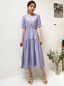 DAZY 素色前紐扣荷葉邊連衣裙 - 紫色 - 查看 5