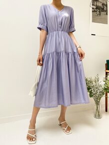 DAZY 素色前紐扣荷葉邊連衣裙 - 紫色 - 查看 7