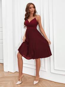 SHEIN LUNE Chain Detail Pleated Cami Dress - Burgundy - View 3