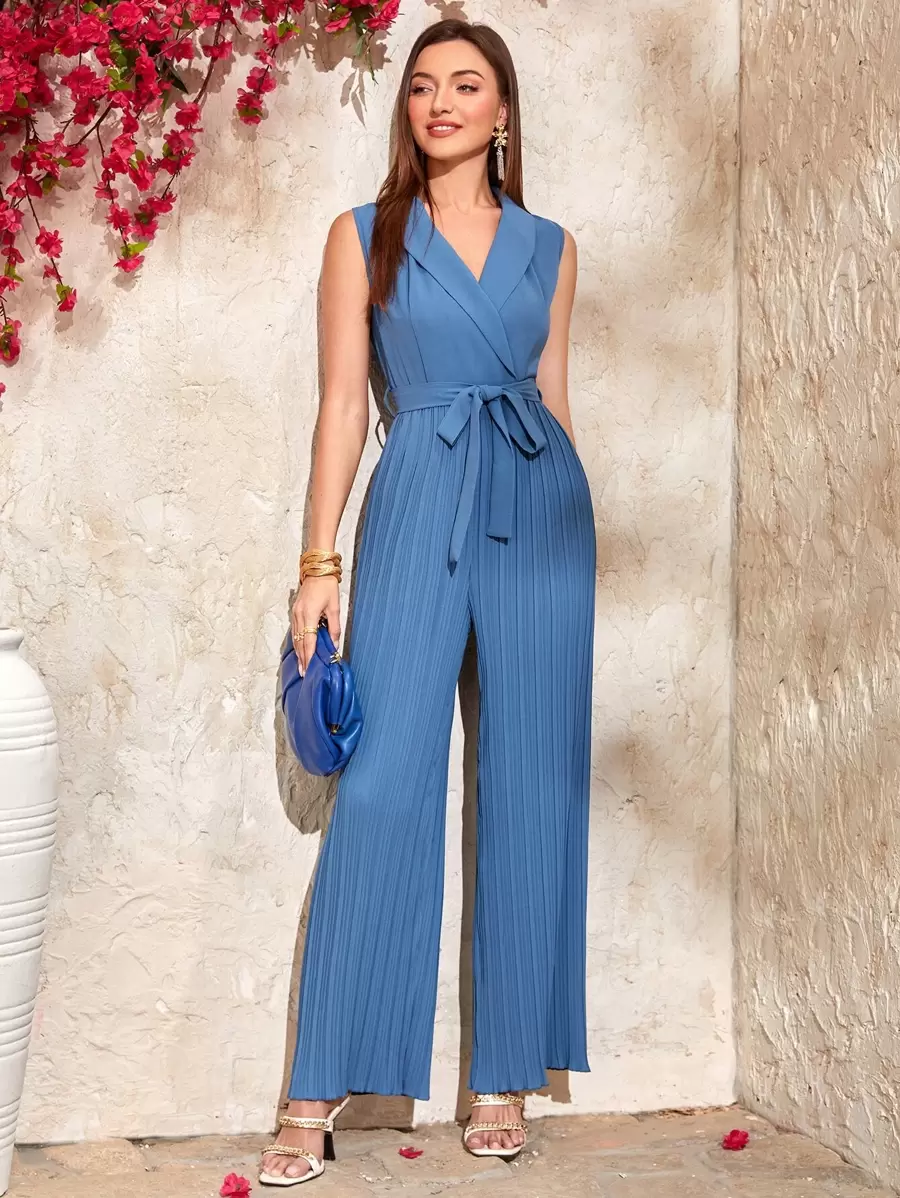 Seusyu Shawl Collar Pleated Belted Shirt Jumpsuit - Dusty Blue - View 1