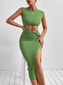 Chiquease Twist Cut Out Split Thigh Bodycon Dress - Lime Green - View 2