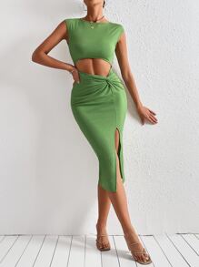 Chiquease Twist Cut Out Split Thigh Bodycon Dress - Lime Green - View 1