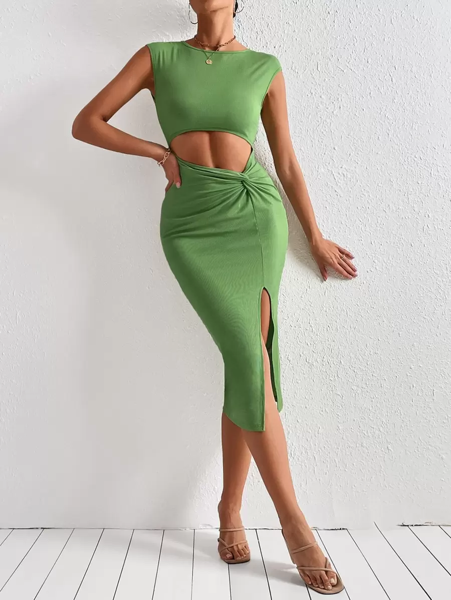 Chiquease Twist Cut Out Split Thigh Bodycon Dress - Lime Green - View 1
