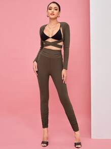 KYS Designer Crisscross Bolero Top & Ruched Leggings Without Bra, Women Clothes, For Holiday, Festival